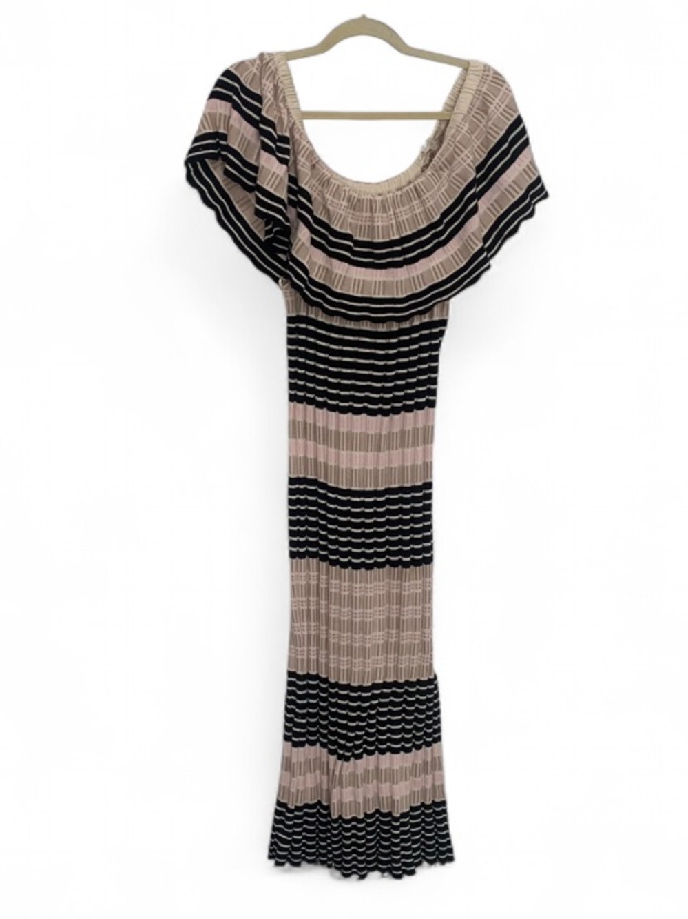 Free People Off Duty Off-Shoulder Striped Knit Maxi Dress in Blush and Black